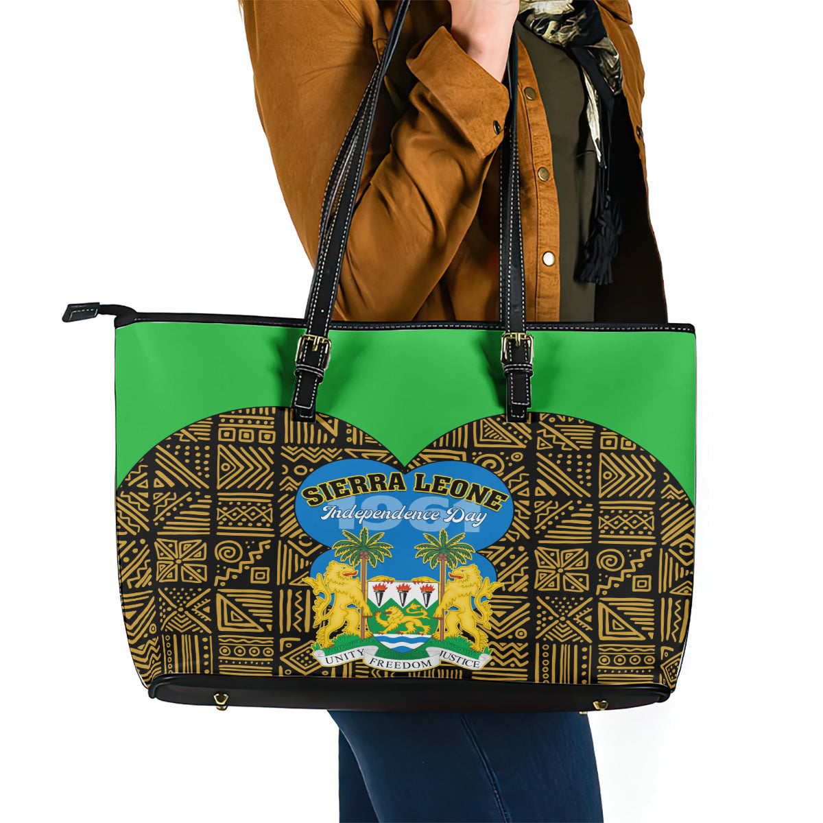Sierra Leone Independence Day 2024 Leather Tote Bag Happy 63rd Anniversary African Pattern LT01