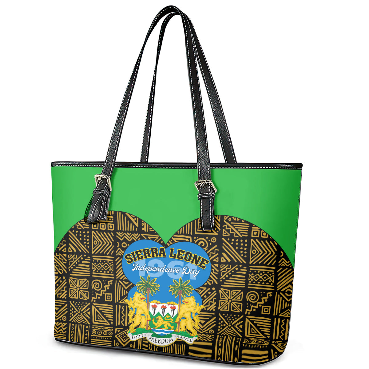 Sierra Leone Independence Day 2024 Leather Tote Bag Happy 63rd Anniversary African Pattern LT01