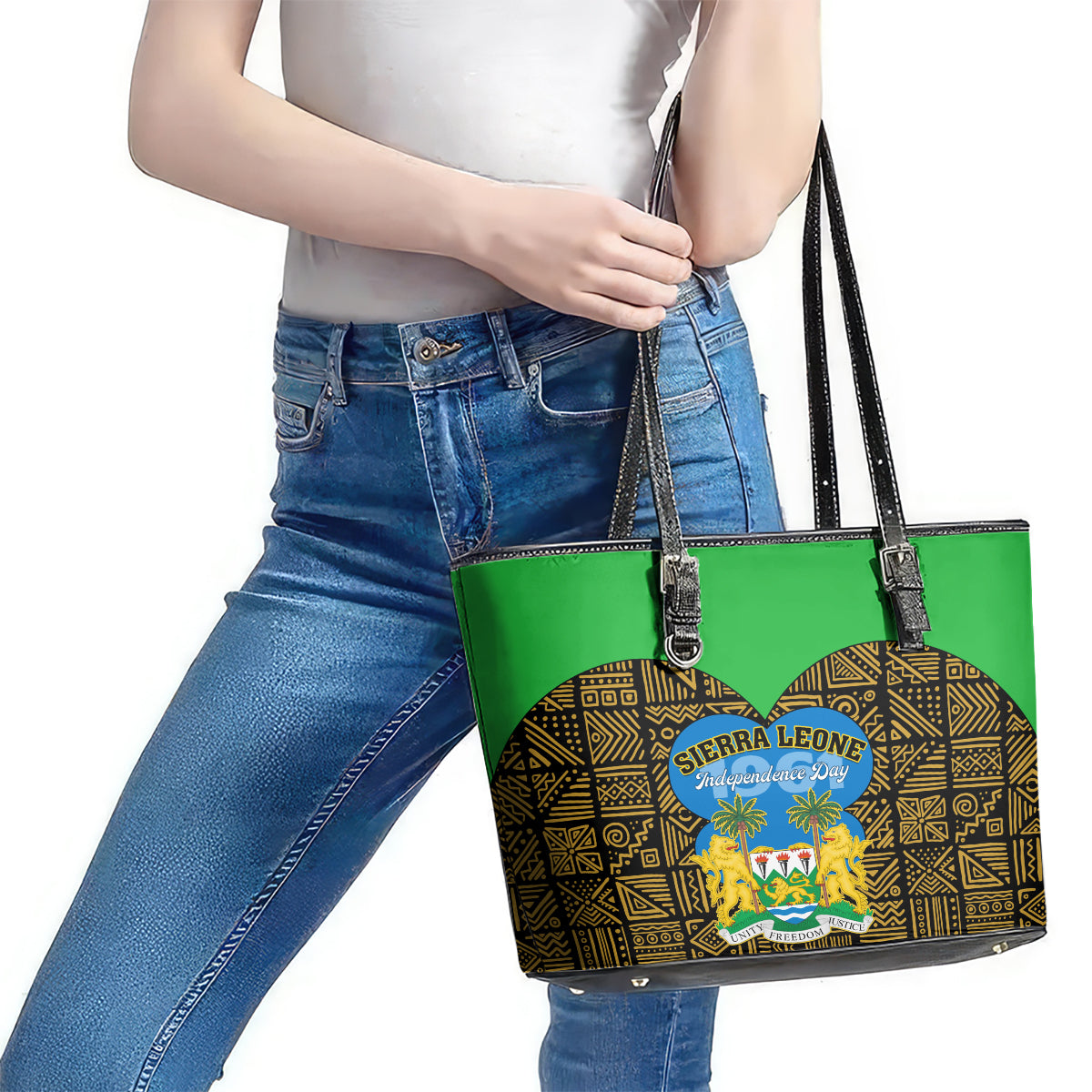 Sierra Leone Independence Day 2024 Leather Tote Bag Happy 63rd Anniversary African Pattern LT01