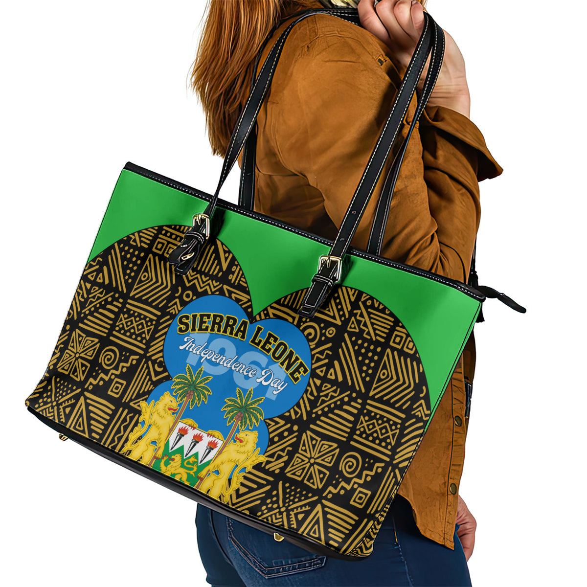 Sierra Leone Independence Day 2024 Leather Tote Bag Happy 63rd Anniversary African Pattern LT01