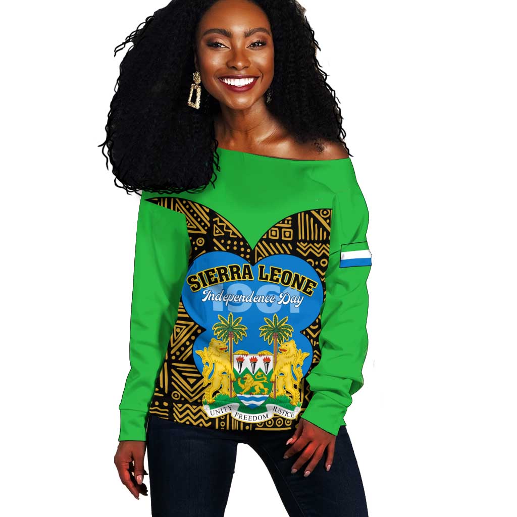 Sierra Leone Independence Day 2024 Off Shoulder Sweater Happy 63rd Anniversary African Pattern LT01