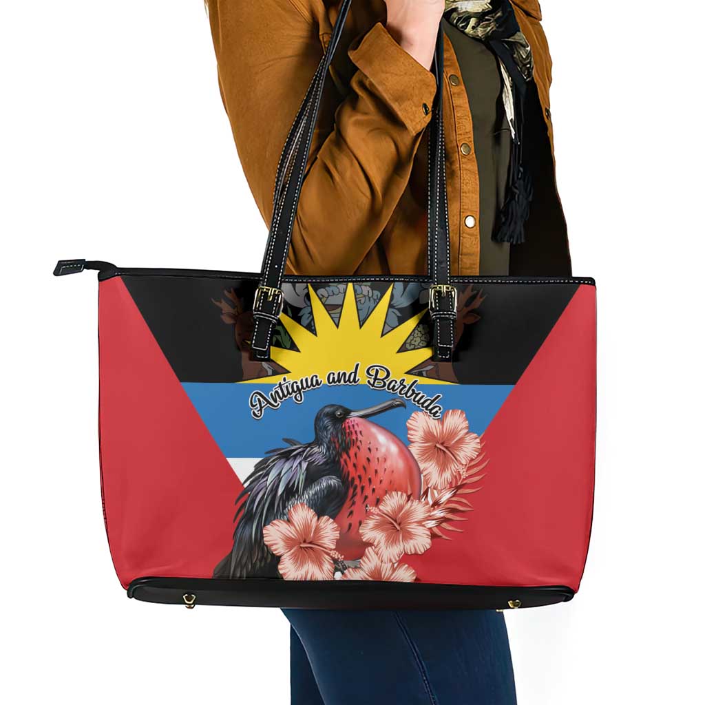 Antigua and Barbuda Leather Tote Bag Magnificent Frigatebird Hibiscus LT01