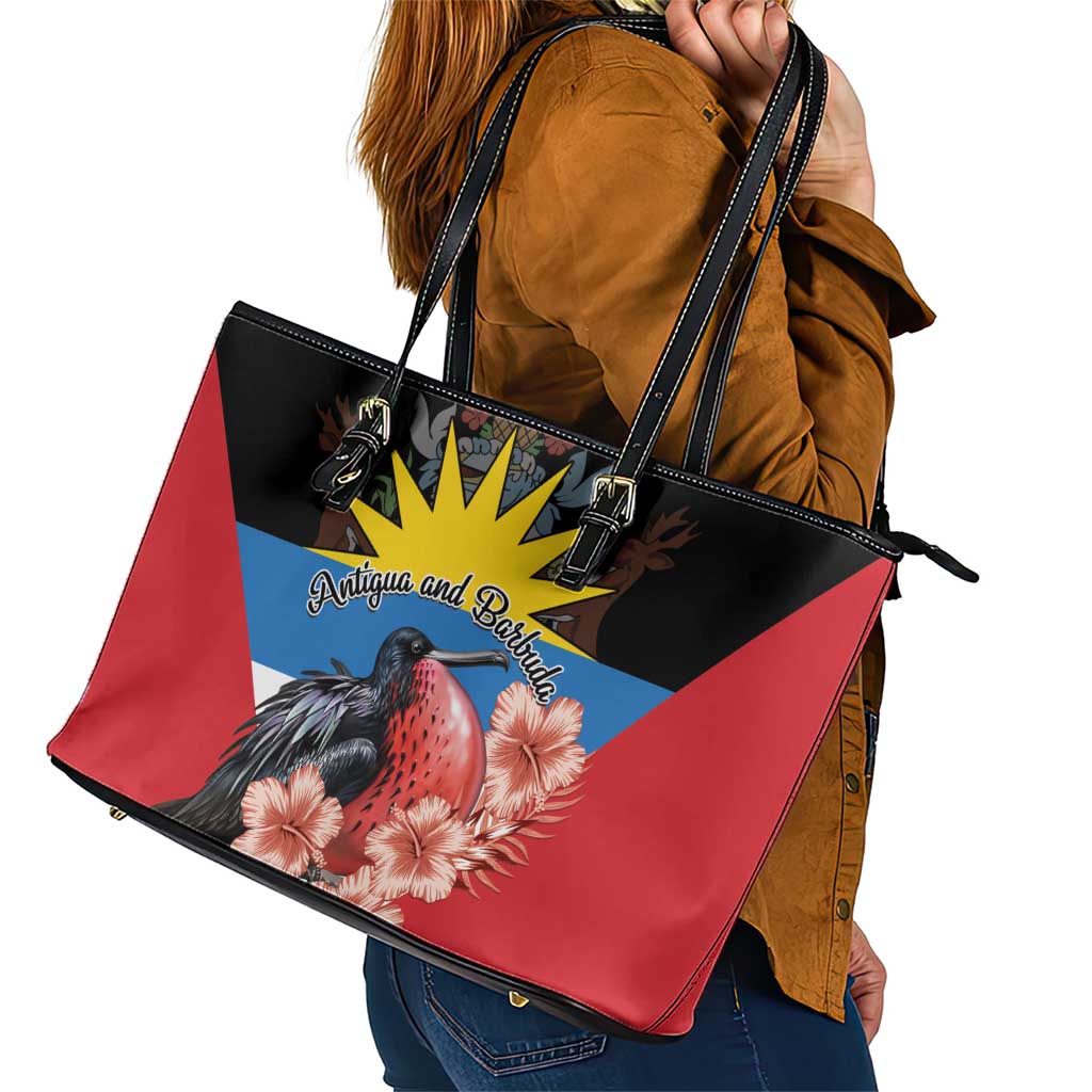 Antigua and Barbuda Leather Tote Bag Magnificent Frigatebird Hibiscus LT01