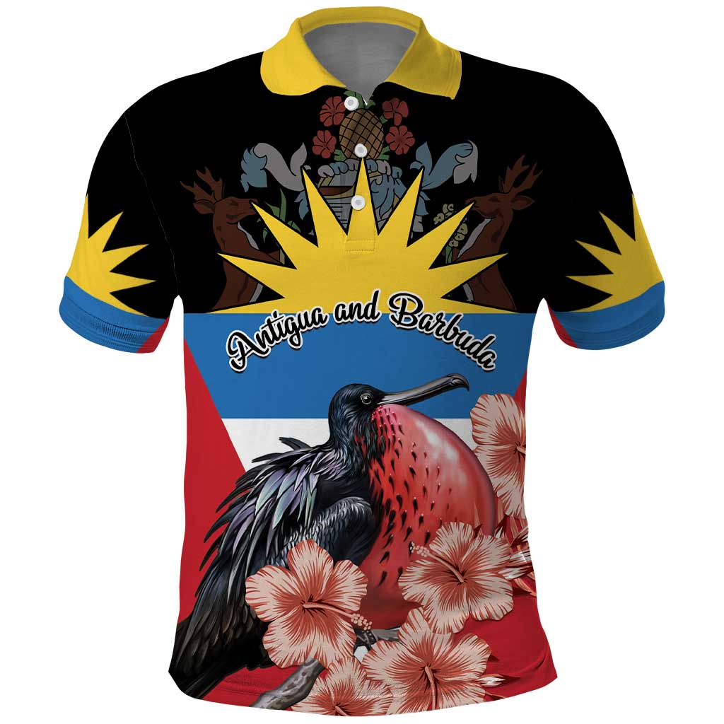 Personalized Antigua and Barbuda Polo Shirt Magnificent Frigatebird Hibiscus LT01