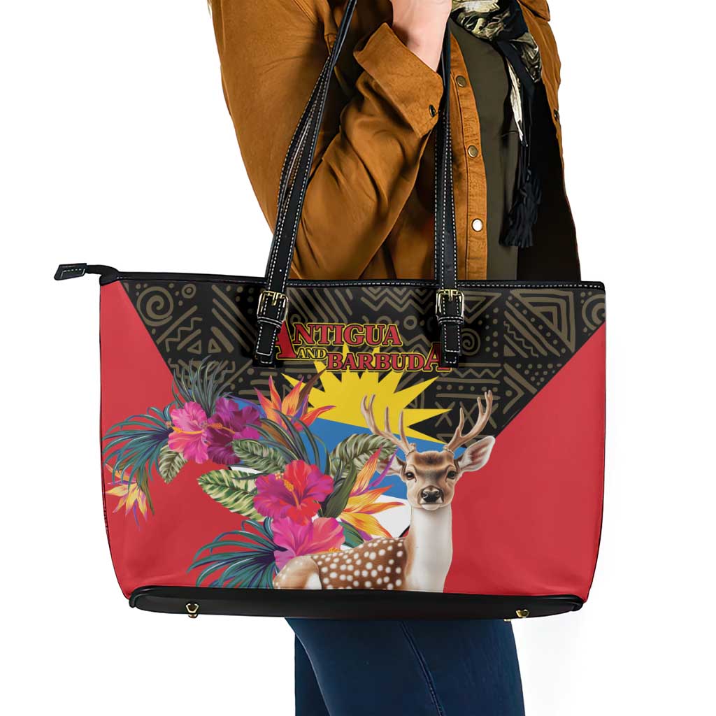 Antigua and Barbuda Leather Tote Bag Fallow Deer Tropical Bouquet LT01