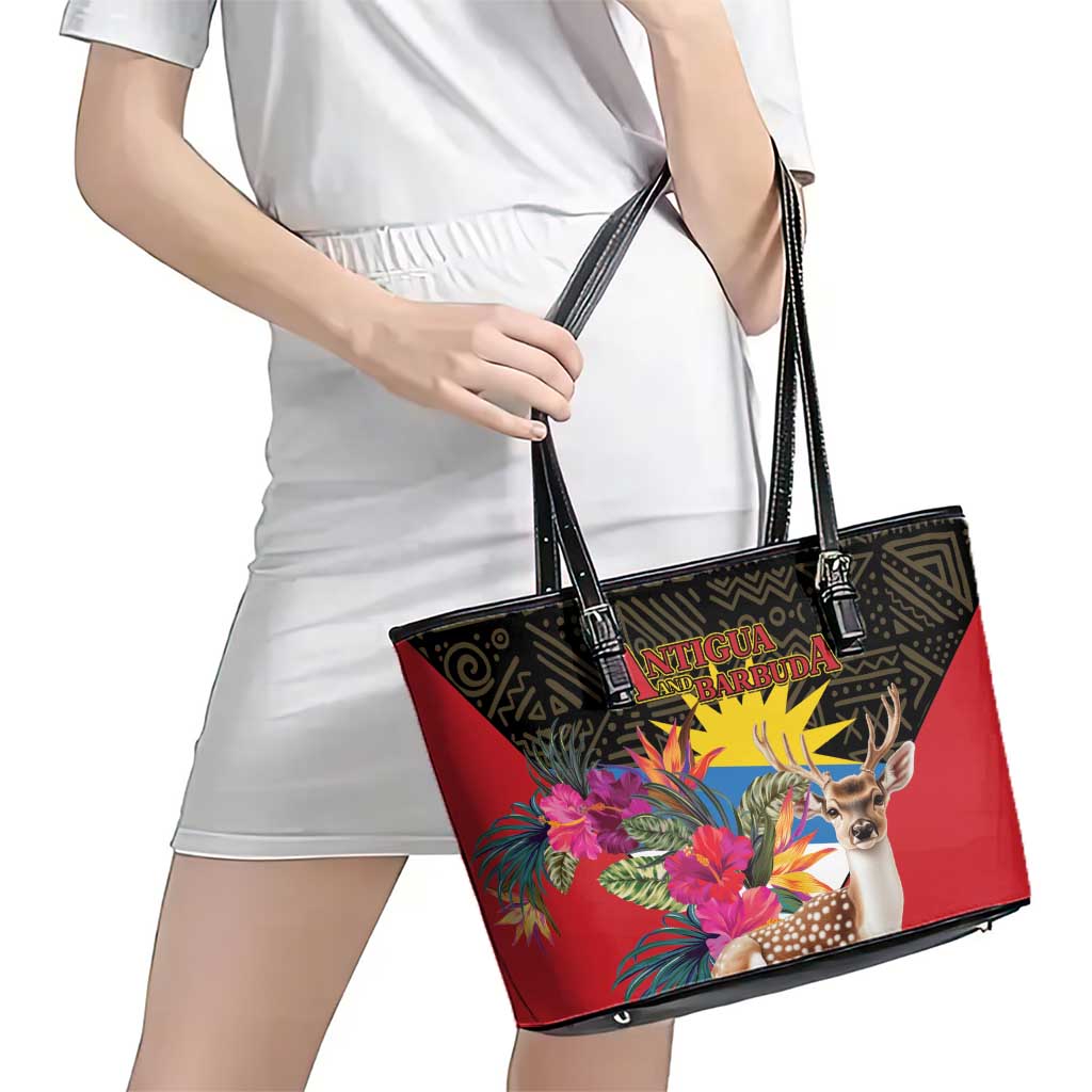 Antigua and Barbuda Leather Tote Bag Fallow Deer Tropical Bouquet LT01