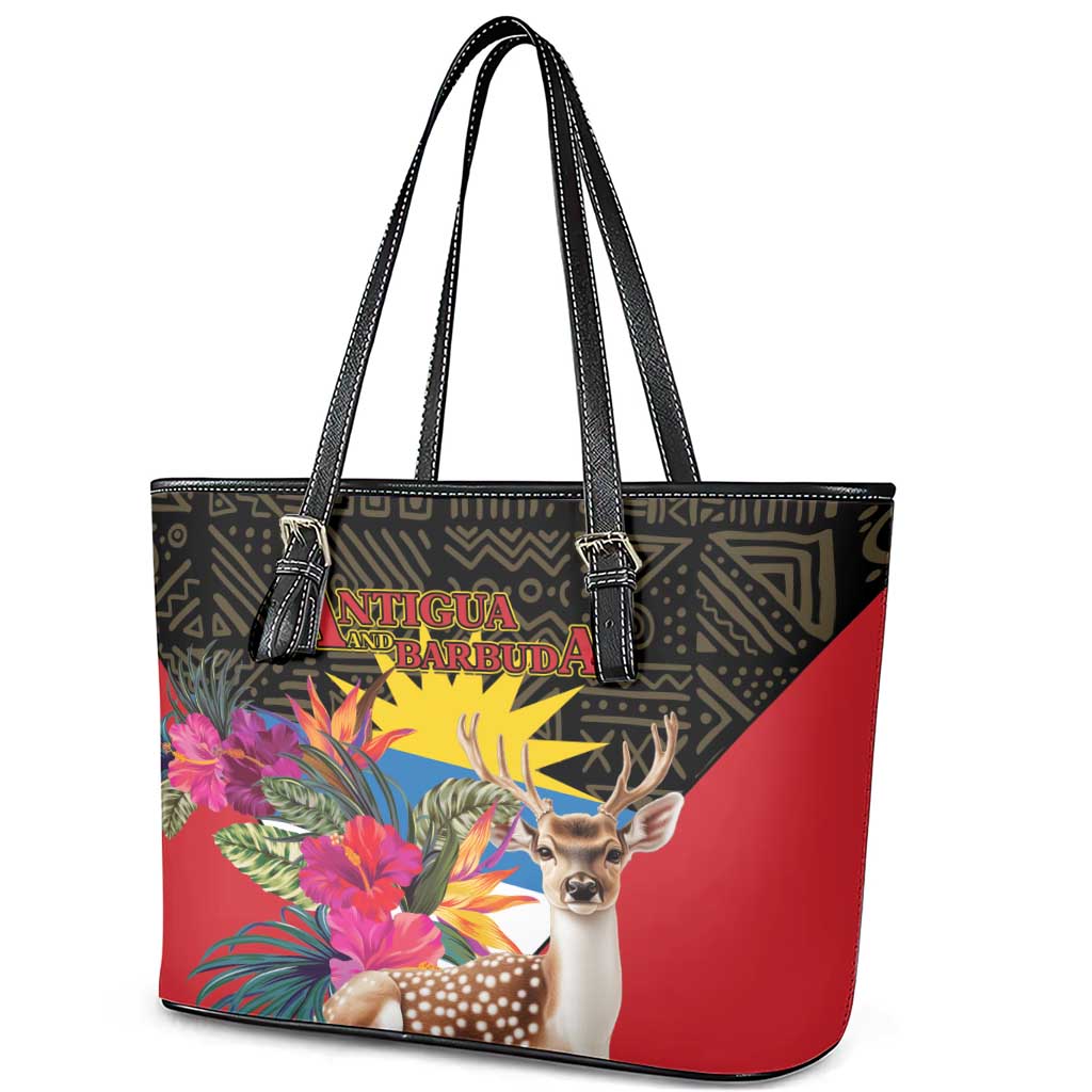 Antigua and Barbuda Leather Tote Bag Fallow Deer Tropical Bouquet LT01