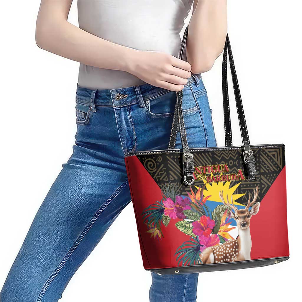 Antigua and Barbuda Leather Tote Bag Fallow Deer Tropical Bouquet LT01
