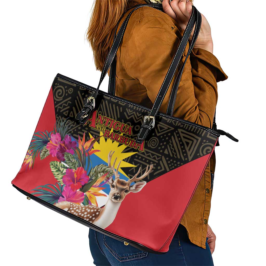 Antigua and Barbuda Leather Tote Bag Fallow Deer Tropical Bouquet LT01