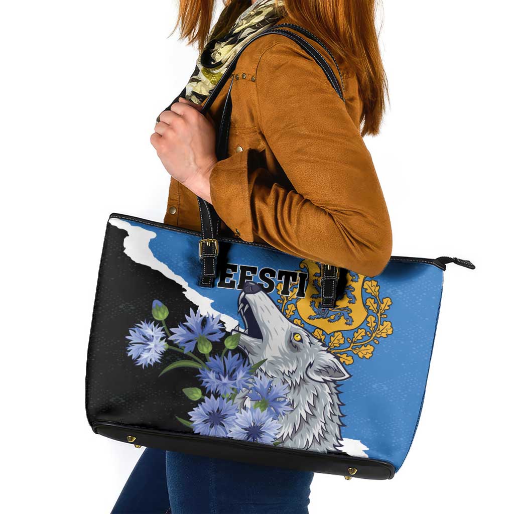 Estonia Leather Tote Bag Grey Wolf Cyanus Flowers LT01