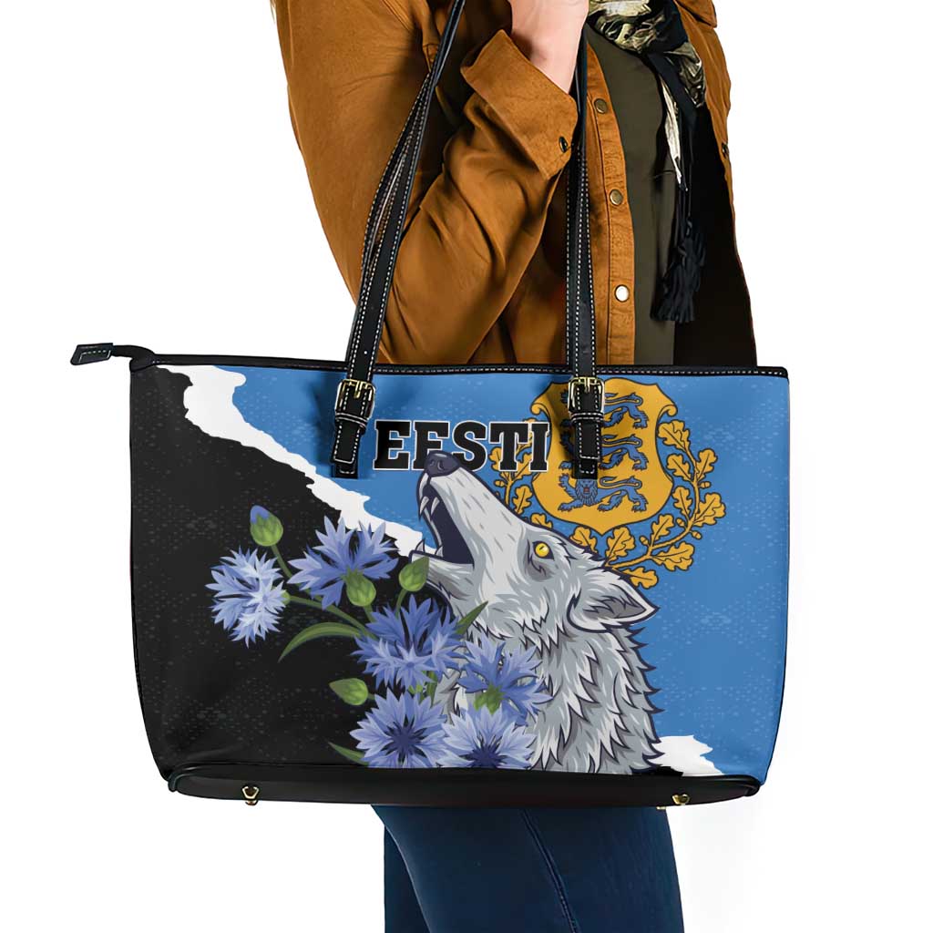 Estonia Leather Tote Bag Grey Wolf Cyanus Flowers LT01