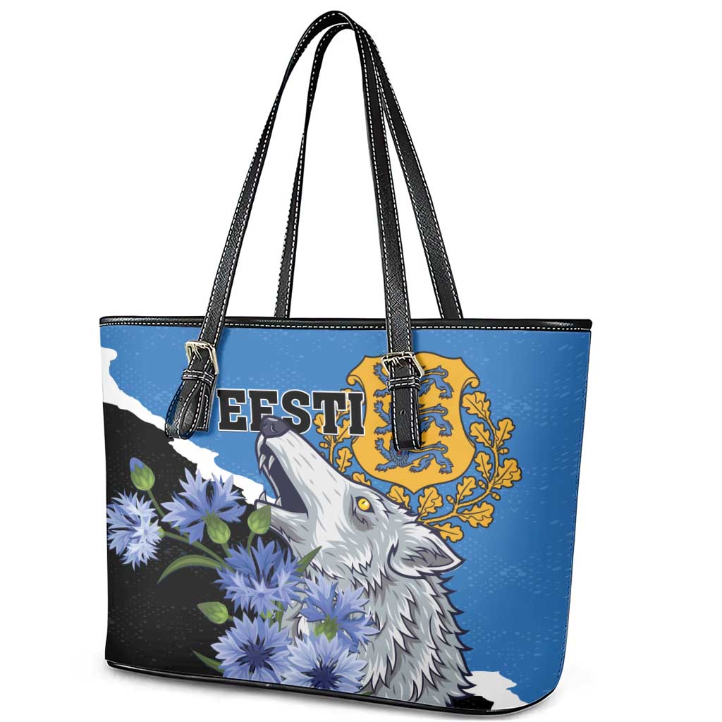 Estonia Leather Tote Bag Grey Wolf Cyanus Flowers LT01