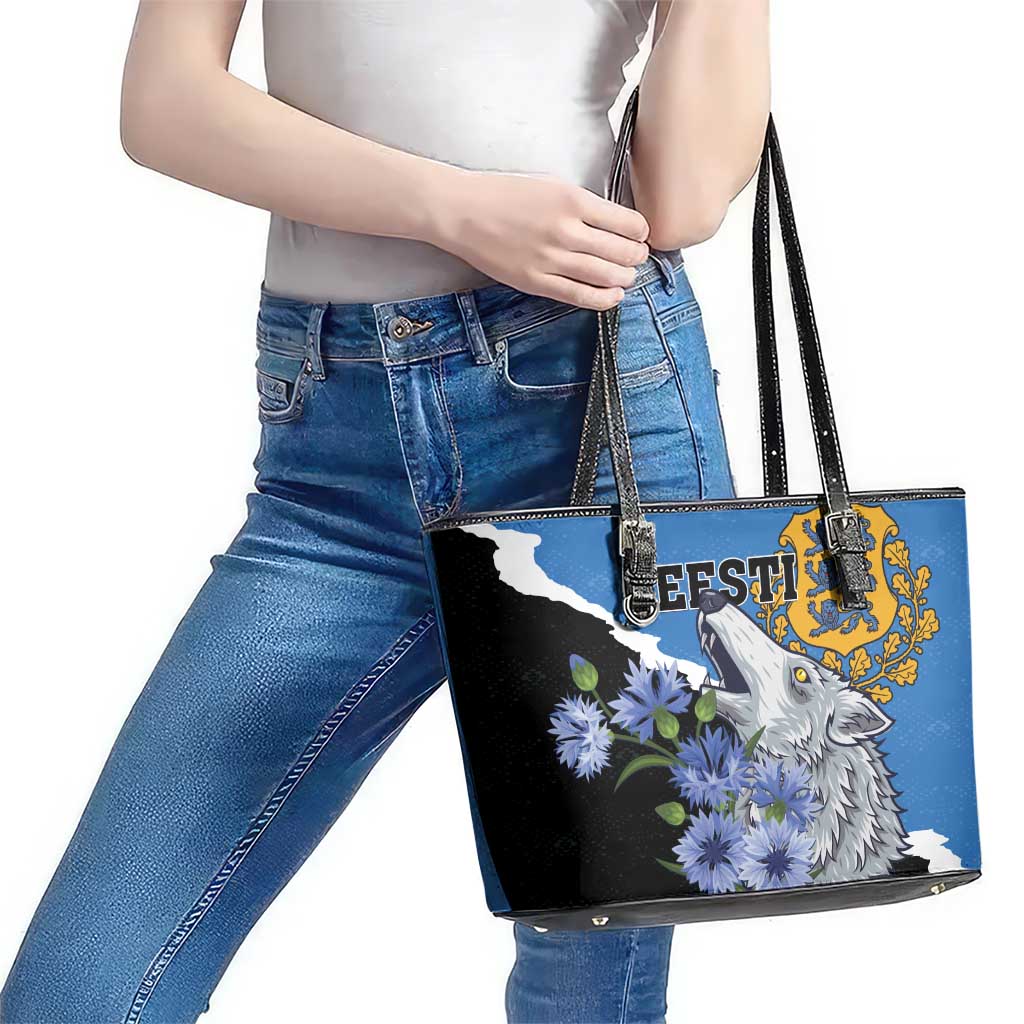 Estonia Leather Tote Bag Grey Wolf Cyanus Flowers LT01