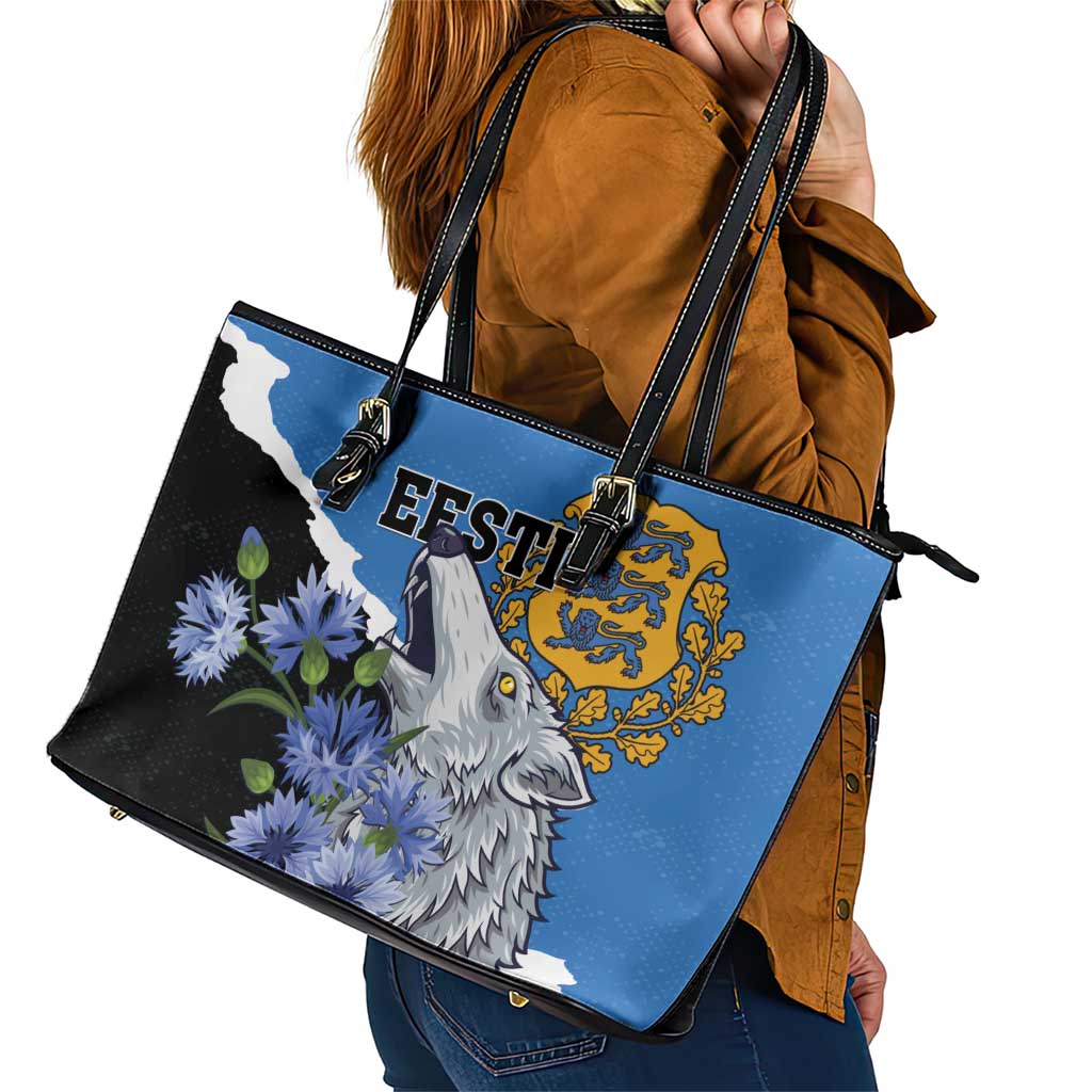 Estonia Leather Tote Bag Grey Wolf Cyanus Flowers LT01