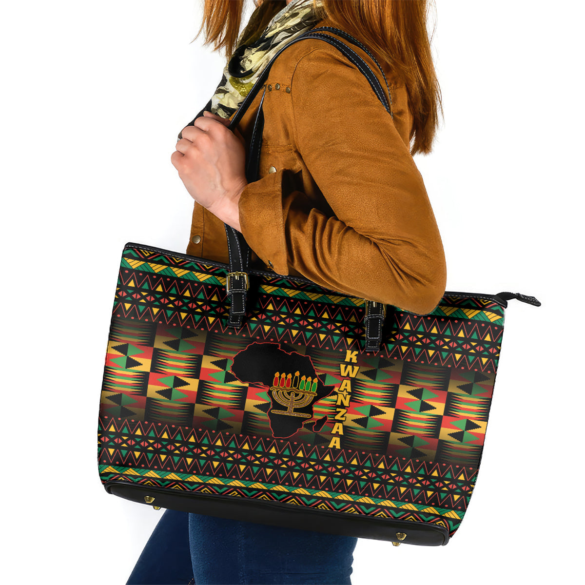 Kwanzaa Festival Leather Tote Bag Kinara Candles African Pattern LT01