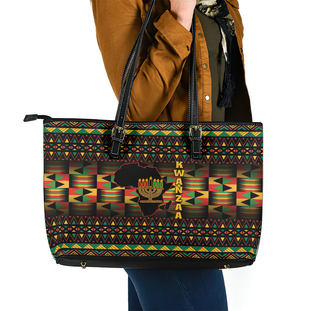 Kwanzaa Festival Leather Tote Bag Kinara Candles African Pattern LT01