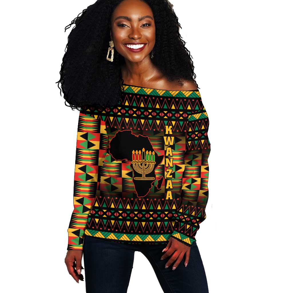 Kwanzaa Festival Off Shoulder Sweater with Kinara Candles and African Pattern LT01