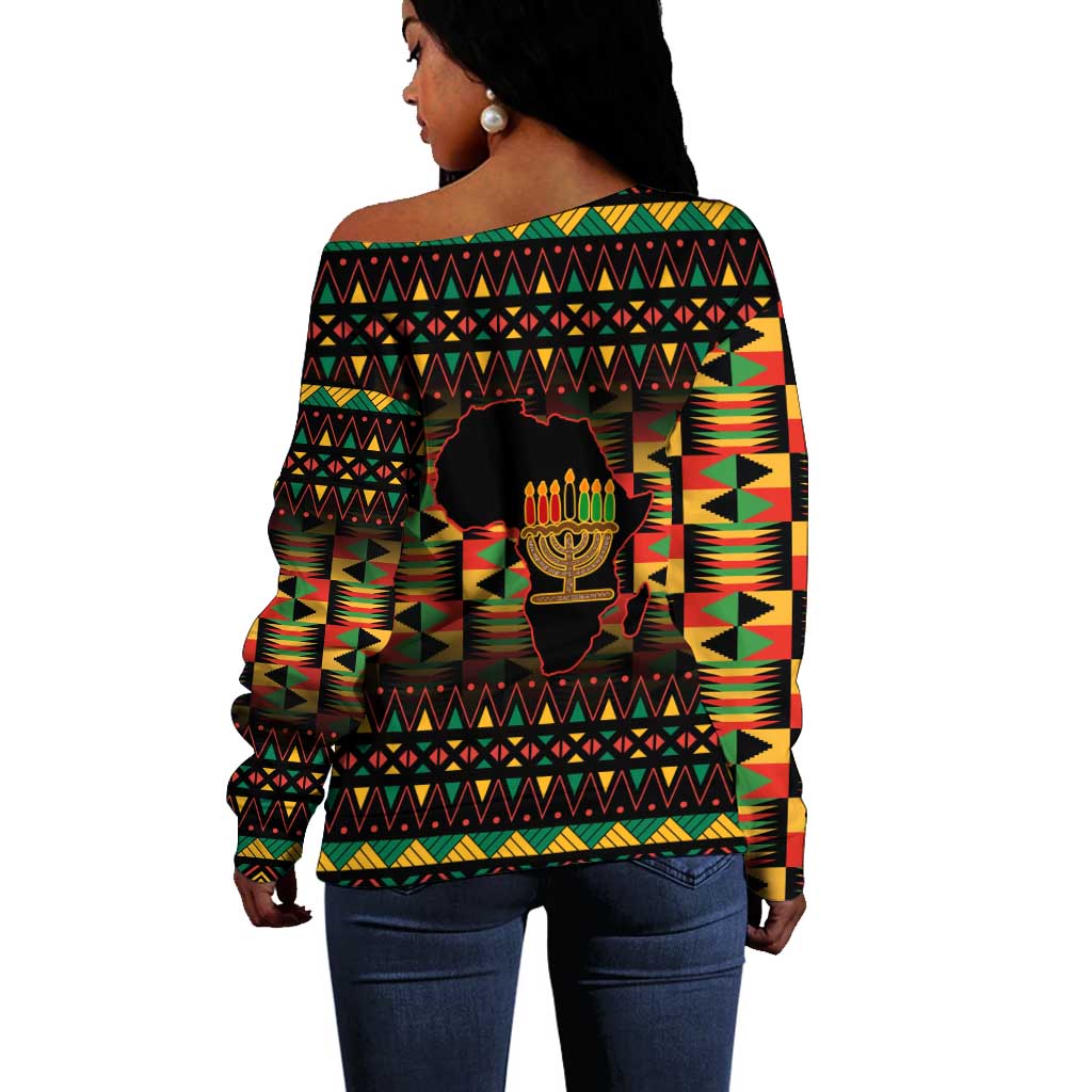 Kwanzaa Festival Off Shoulder Sweater with Kinara Candles and African Pattern LT01