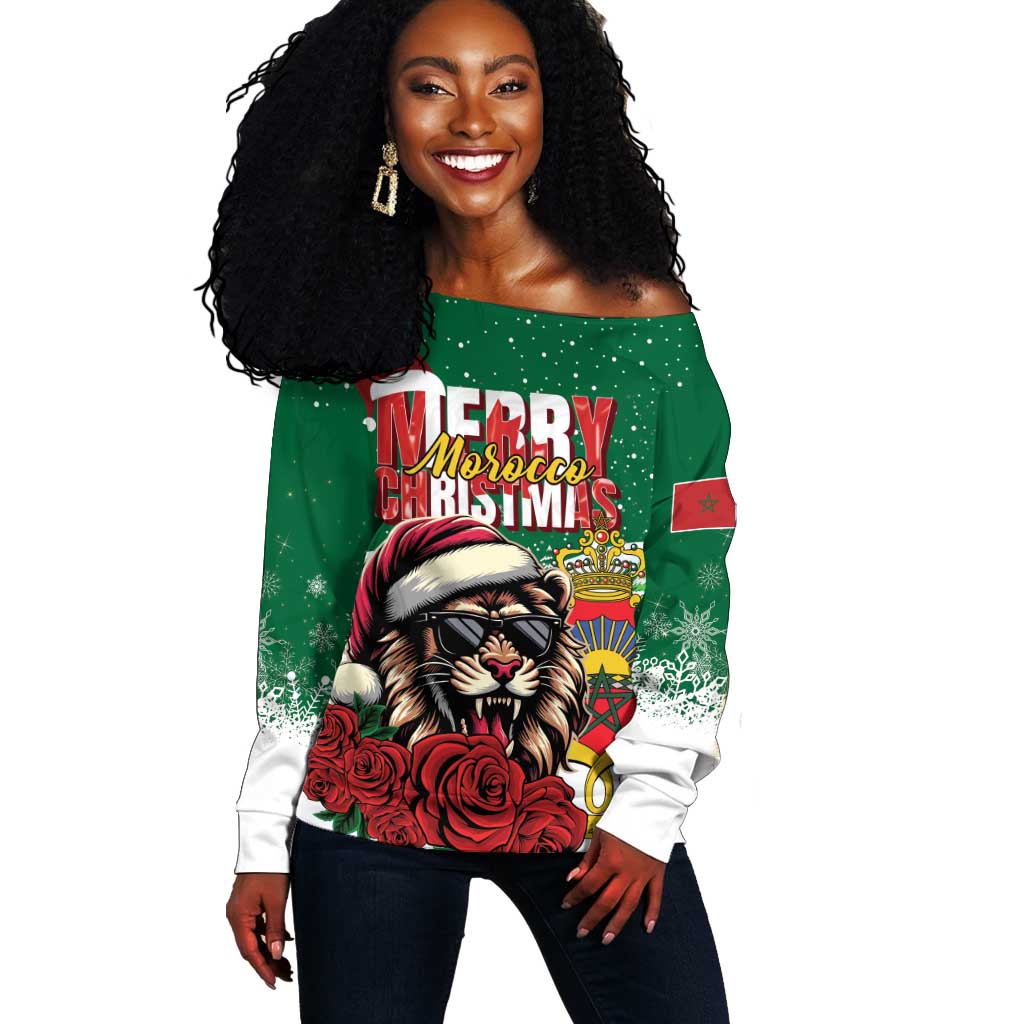 Morocco Christmas Off Shoulder Sweater Santa Lion With Rose Xmas Vibe LT01