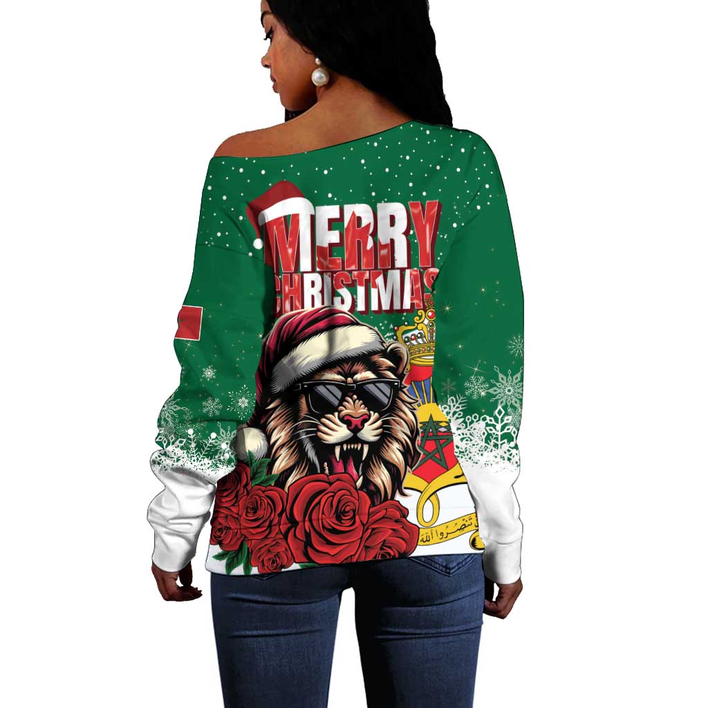 Morocco Christmas Off Shoulder Sweater Santa Lion With Rose Xmas Vibe LT01