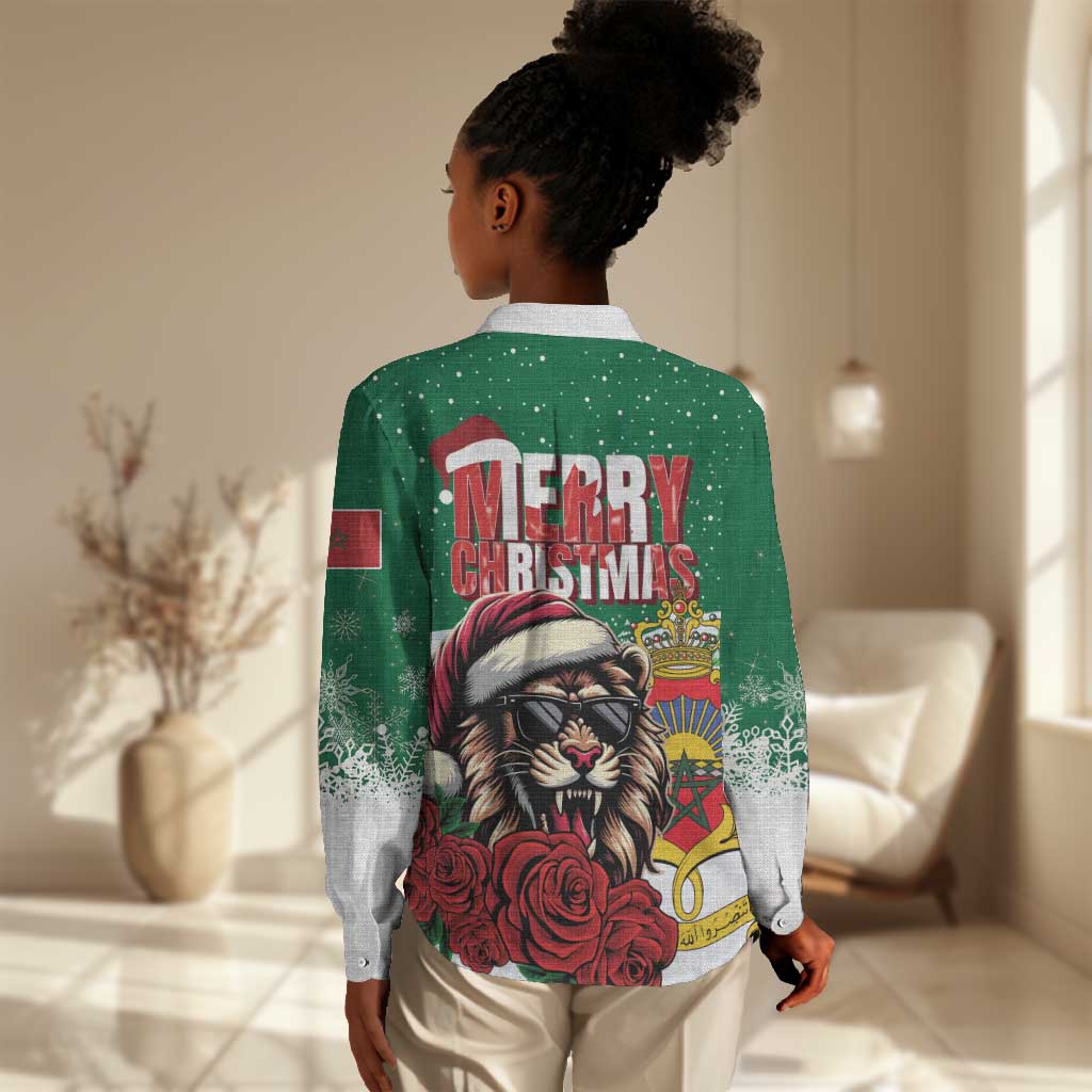 Morocco Christmas Women Casual Shirt Santa Lion With Rose Xmas Vibe LT01