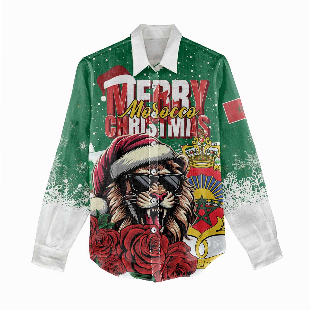 Morocco Christmas Women Casual Shirt Santa Lion With Rose Xmas Vibe LT01