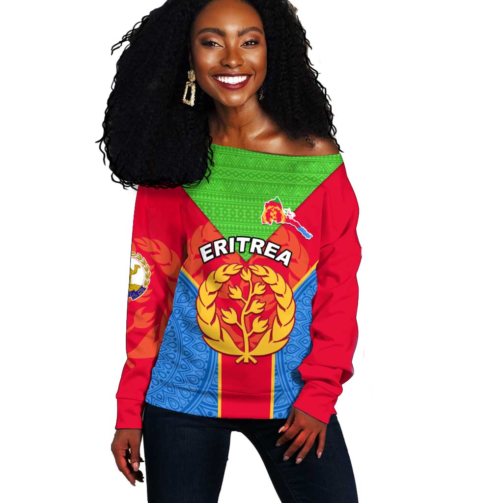 Custom Eritrea Off Shoulder Sweater with Eritrean Emblem Flag and African Pattern Design LT01