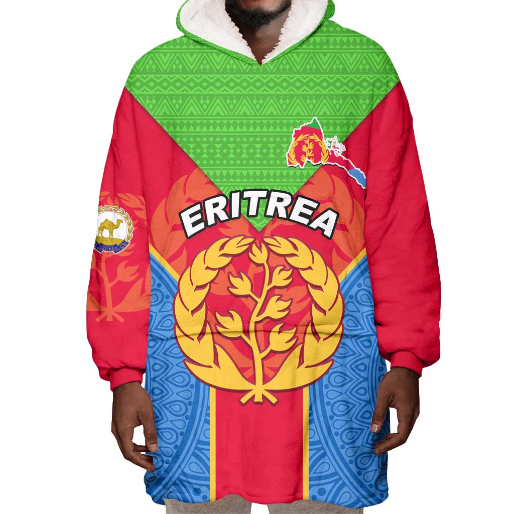 Custom Eritrea Wearable Blanket Hoodie with Eritrean Emblem Flag and African Pattern Design LT01