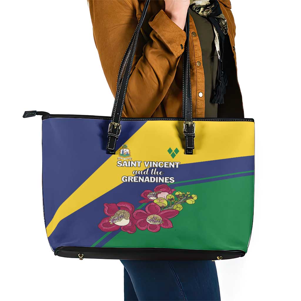 Saint Vincent and the Grenadines Leather Tote Bag Pax et Justitia Cannonball Flower LT01
