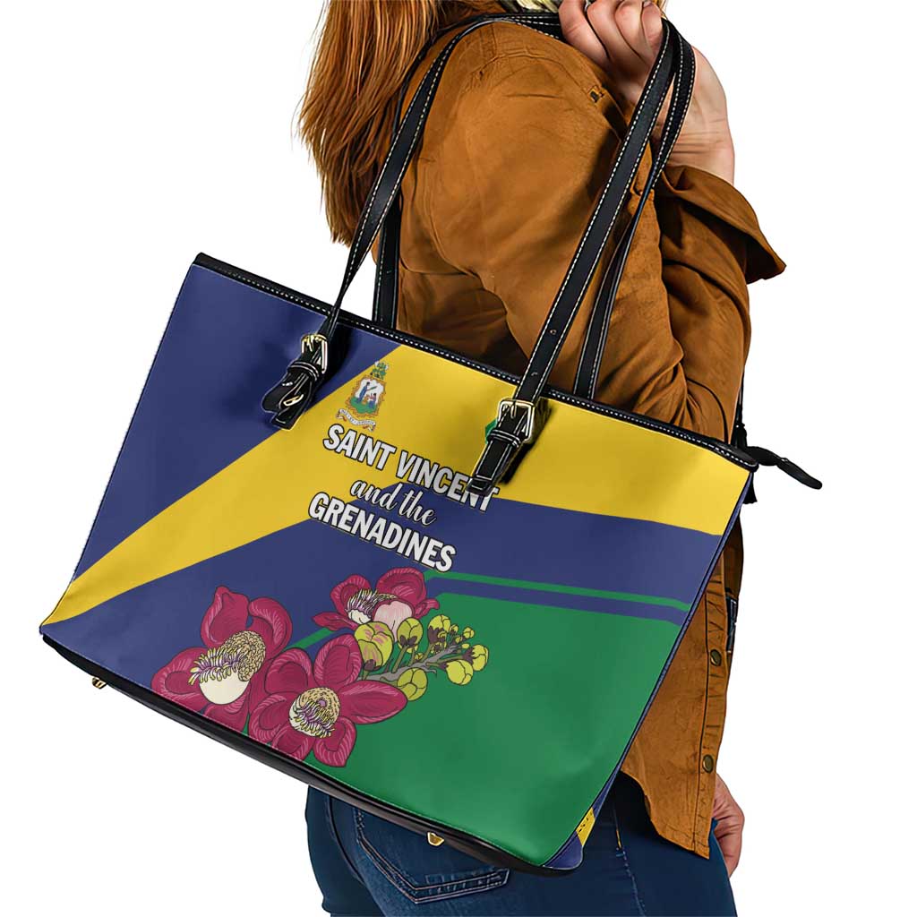 Saint Vincent and the Grenadines Leather Tote Bag Pax et Justitia Cannonball Flower LT01