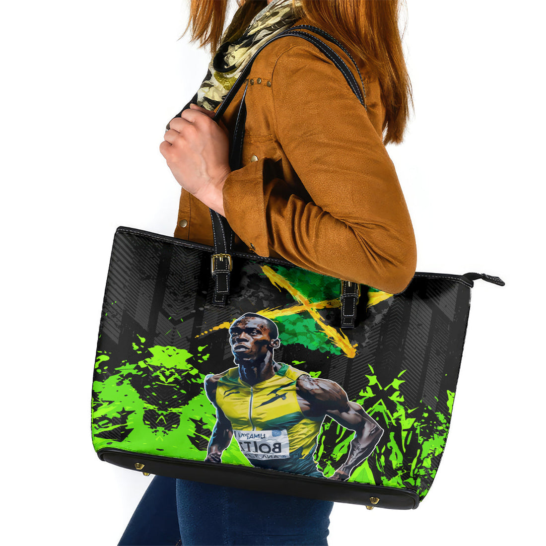 Jamaica Lightning Bolt Leather Tote Bag Proud of Jumieka Splash Style Black Color LT03