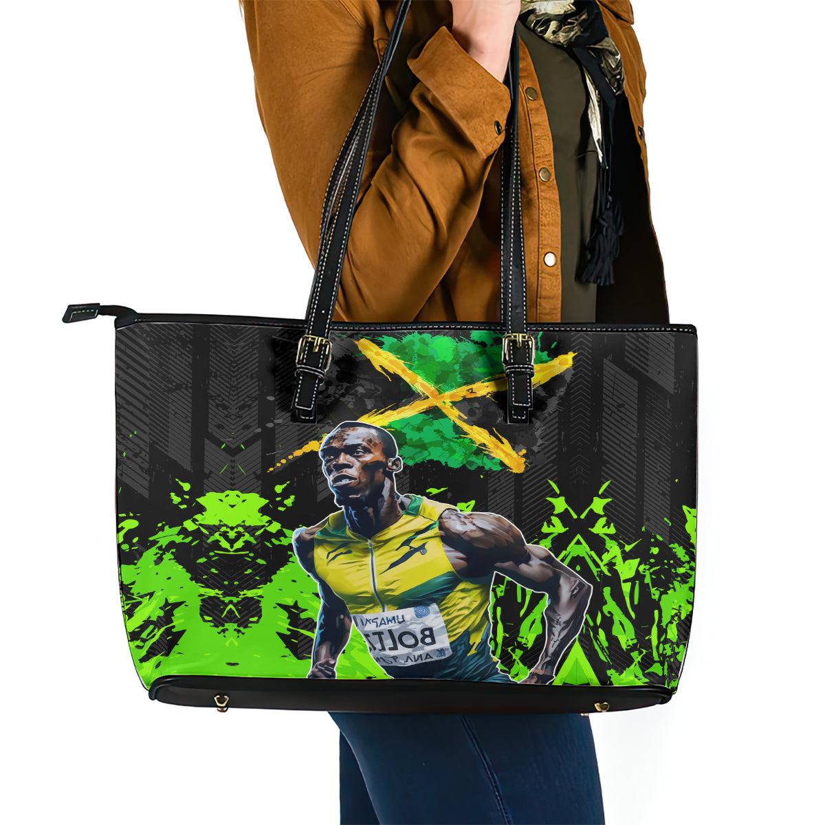 Jamaica Lightning Bolt Leather Tote Bag Proud of Jumieka Splash Style Black Color LT03