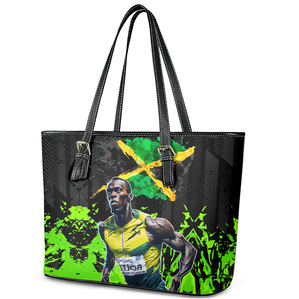 Jamaica Lightning Bolt Leather Tote Bag Proud of Jumieka Splash Style Black Color LT03