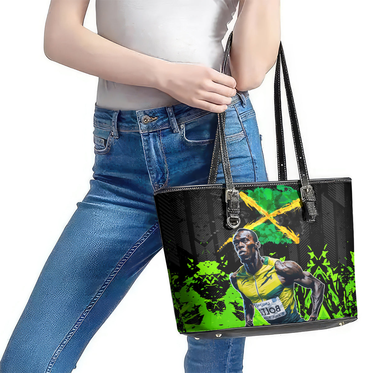 Jamaica Lightning Bolt Leather Tote Bag Proud of Jumieka Splash Style Black Color LT03