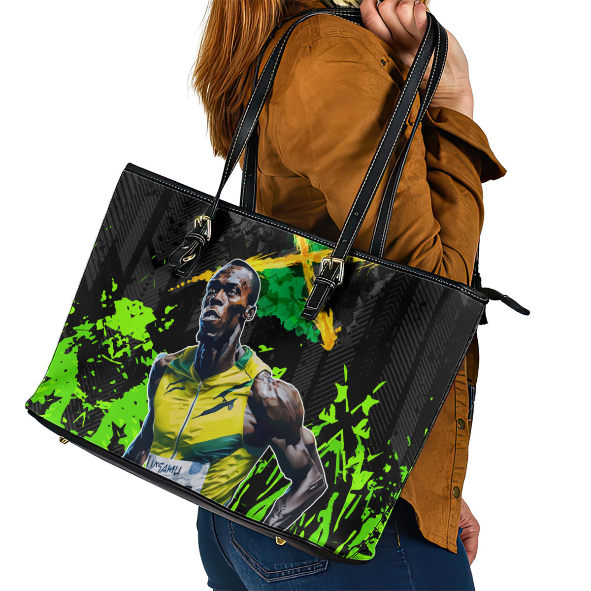 Jamaica Lightning Bolt Leather Tote Bag Proud of Jumieka Splash Style Black Color LT03