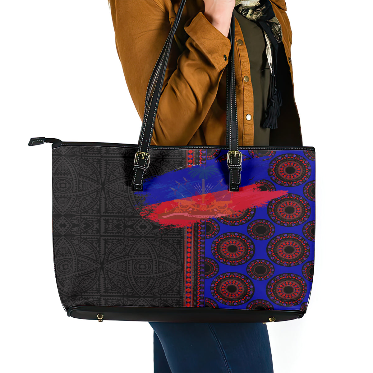 Haiti Flag Day African Seamless Pattern Leather Tote Bag LT03