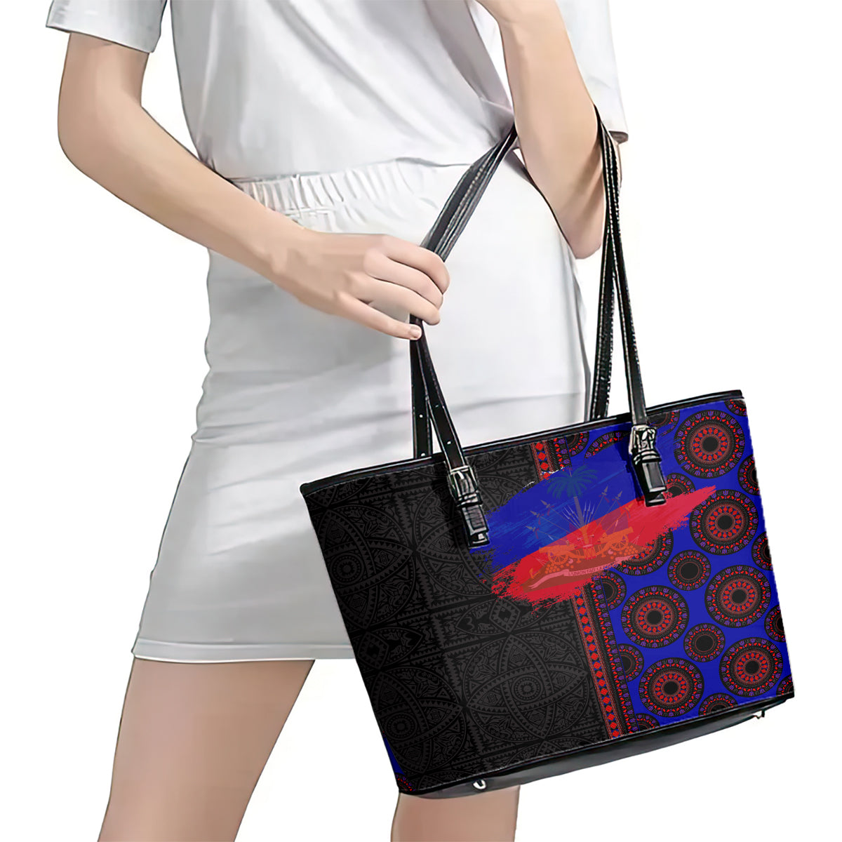Haiti Flag Day African Seamless Pattern Leather Tote Bag LT03