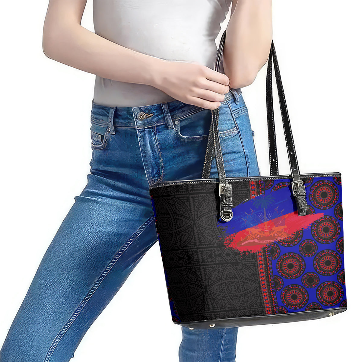 Haiti Flag Day African Seamless Pattern Leather Tote Bag LT03