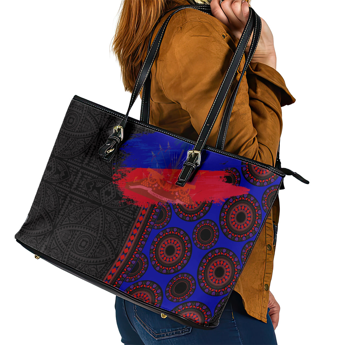 Haiti Flag Day African Seamless Pattern Leather Tote Bag LT03