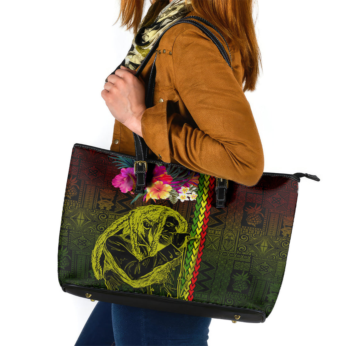 Hawaiian Reggae Music Leather Tote Bag Jamaica Singer Tribal Polynesian and Hibiscus LT03