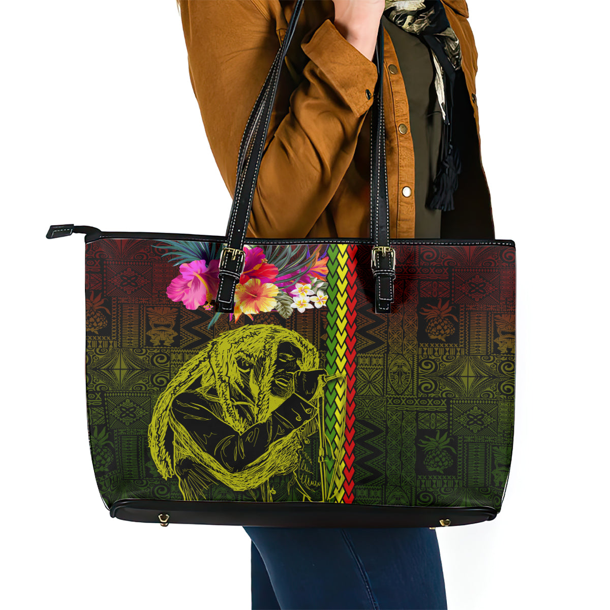 Hawaiian Reggae Music Leather Tote Bag Jamaica Singer Tribal Polynesian and Hibiscus LT03
