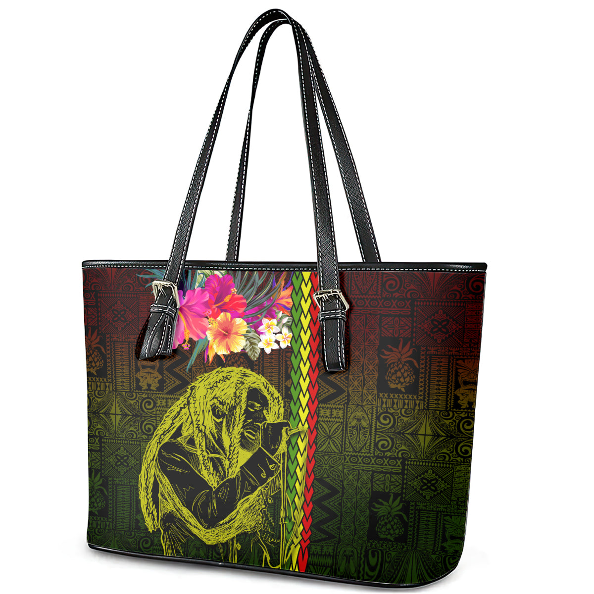 Hawaiian Reggae Music Leather Tote Bag Jamaica Singer Tribal Polynesian and Hibiscus LT03