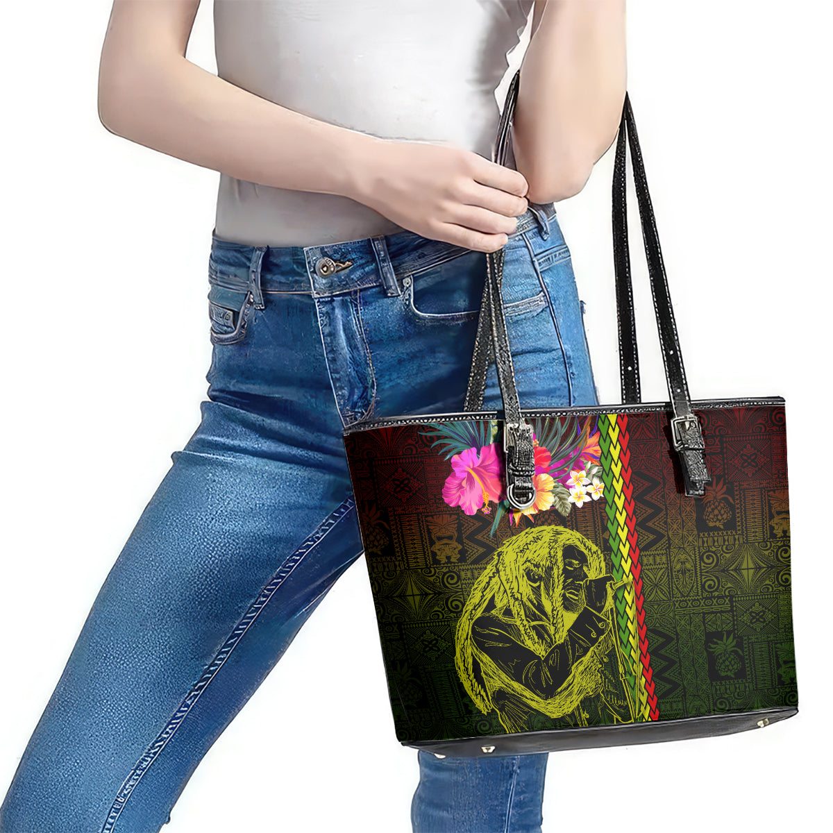 Hawaiian Reggae Music Leather Tote Bag Jamaica Singer Tribal Polynesian and Hibiscus LT03