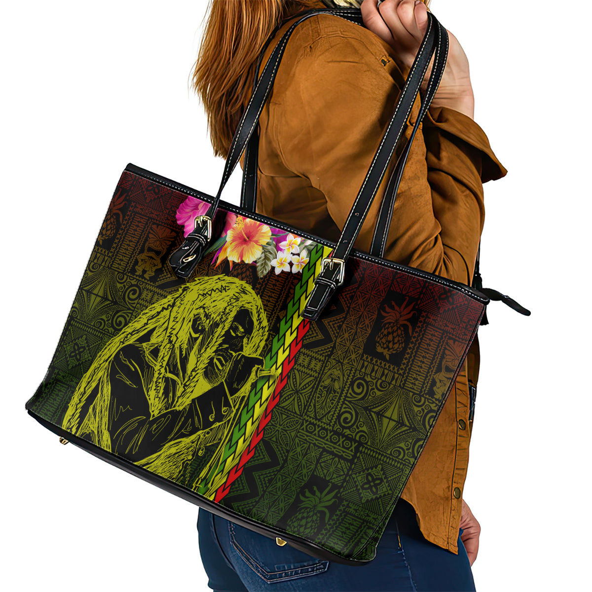 Hawaiian Reggae Music Leather Tote Bag Jamaica Singer Tribal Polynesian and Hibiscus LT03