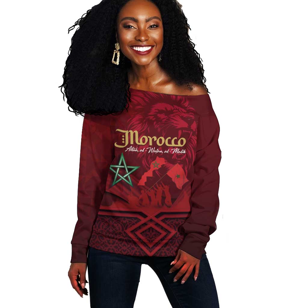 Happy Proclamation of Independence of Morocco Off Shoulder Sweater Barbary Lion's Roar - Fight for Free and Peace LT03