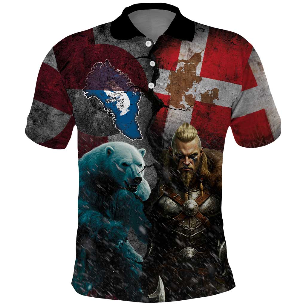 Greenlandic and Danish Together Polo Shirt Polar Warrior Vikings with National Flag Grunge Style LT03