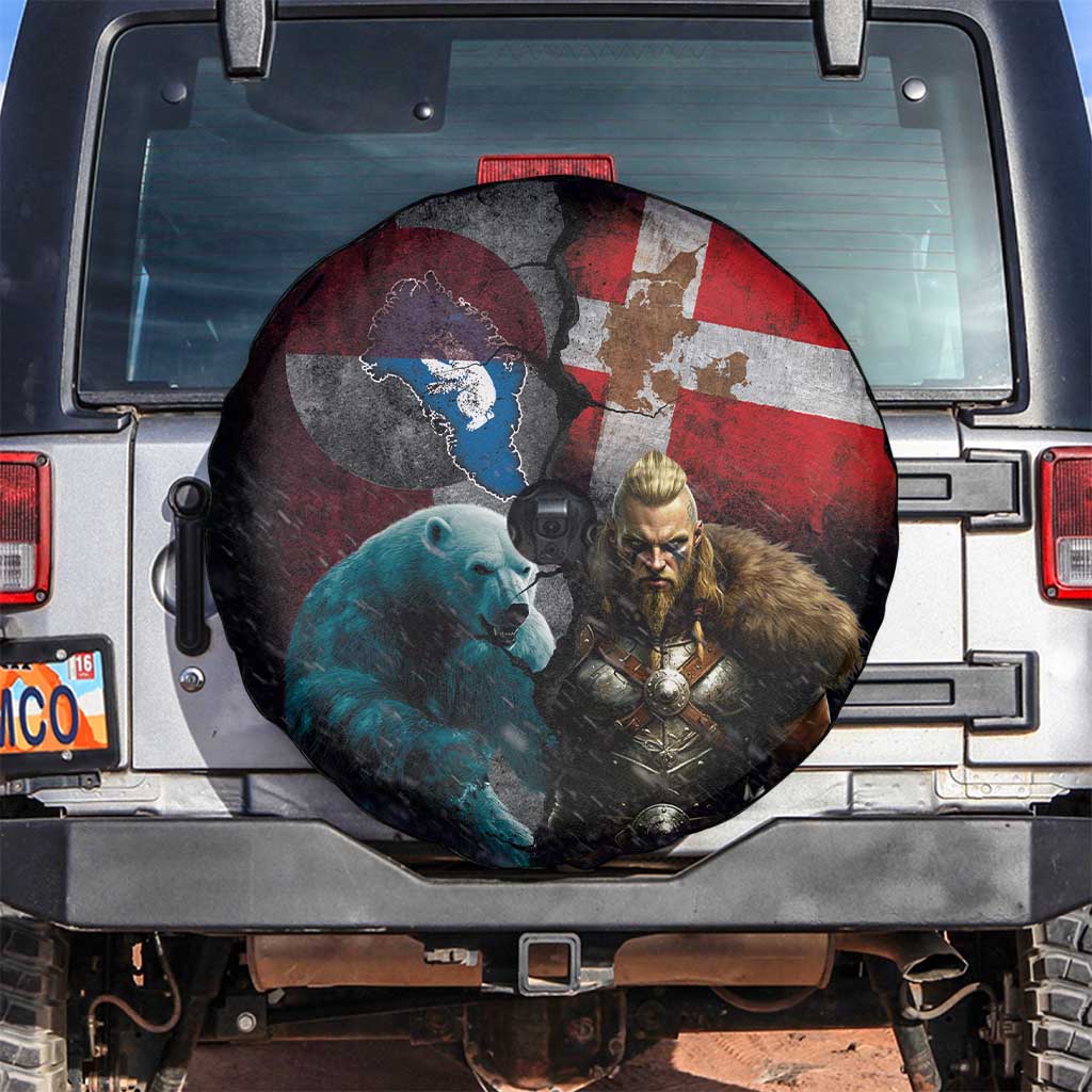 Greenlandic and Danish Together Spare Tire Cover Polar Warrior Vikings with National Flag Grunge Style LT03
