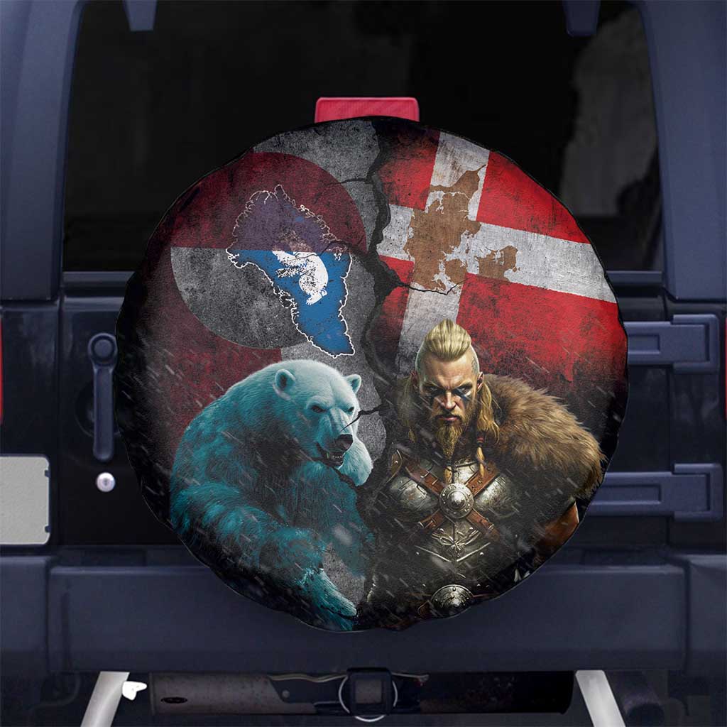 Greenlandic and Danish Together Spare Tire Cover Polar Warrior Vikings with National Flag Grunge Style LT03
