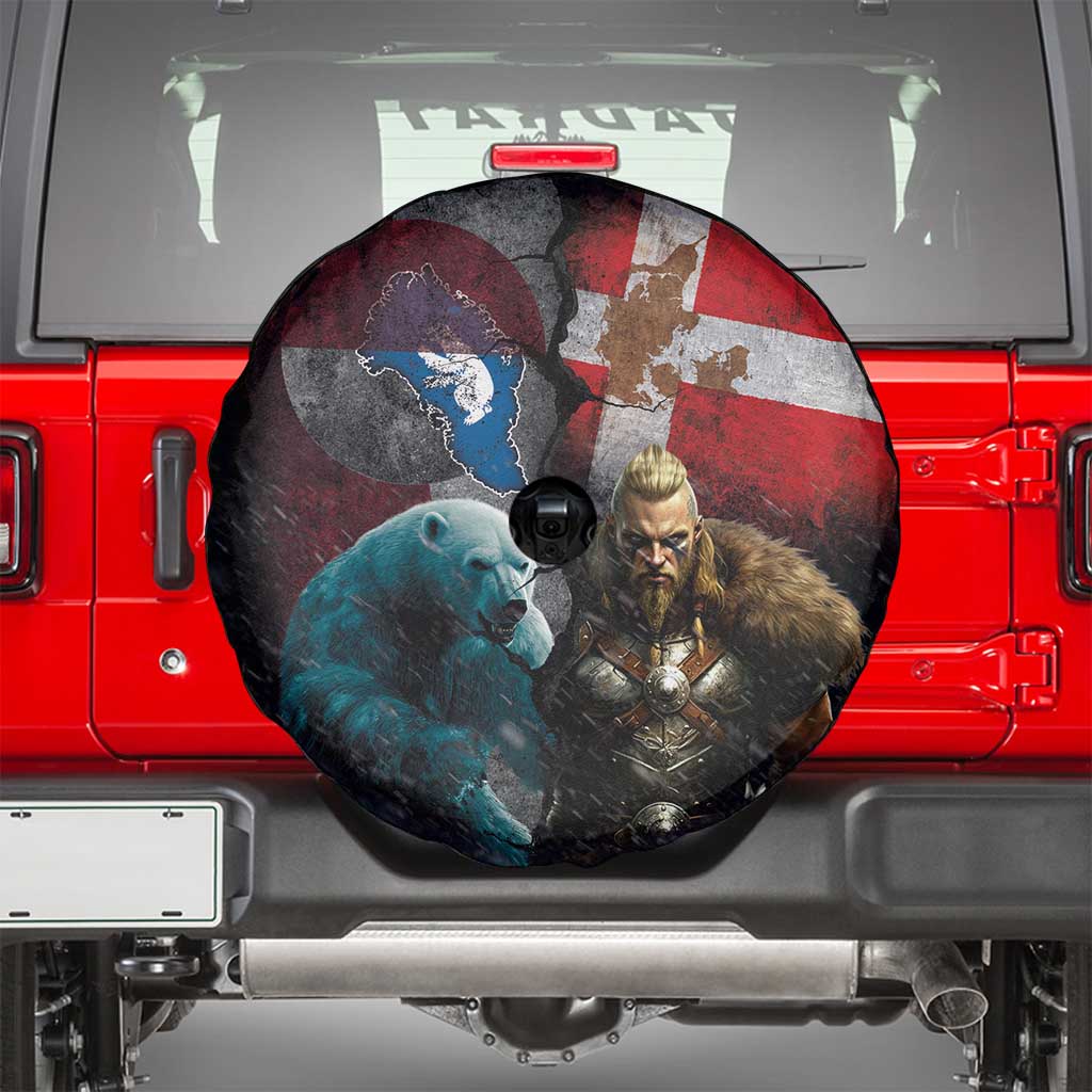 Greenlandic and Danish Together Spare Tire Cover Polar Warrior Vikings with National Flag Grunge Style LT03