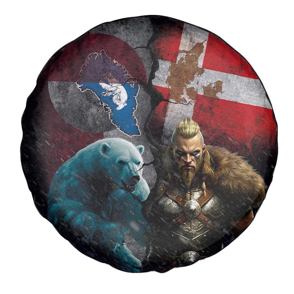 Greenlandic and Danish Together Spare Tire Cover Polar Warrior Vikings with National Flag Grunge Style LT03